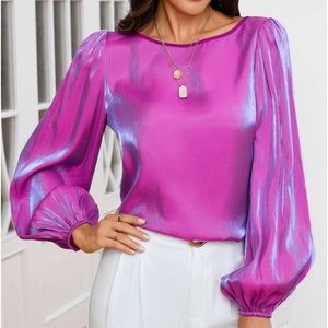Luxe Satin Sheer Lantern Sleeve Satin Shirt Top Blouse